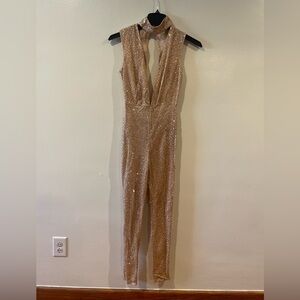 Champagne Gold Sequin Jumpsuit Deep V Worn Once XS
